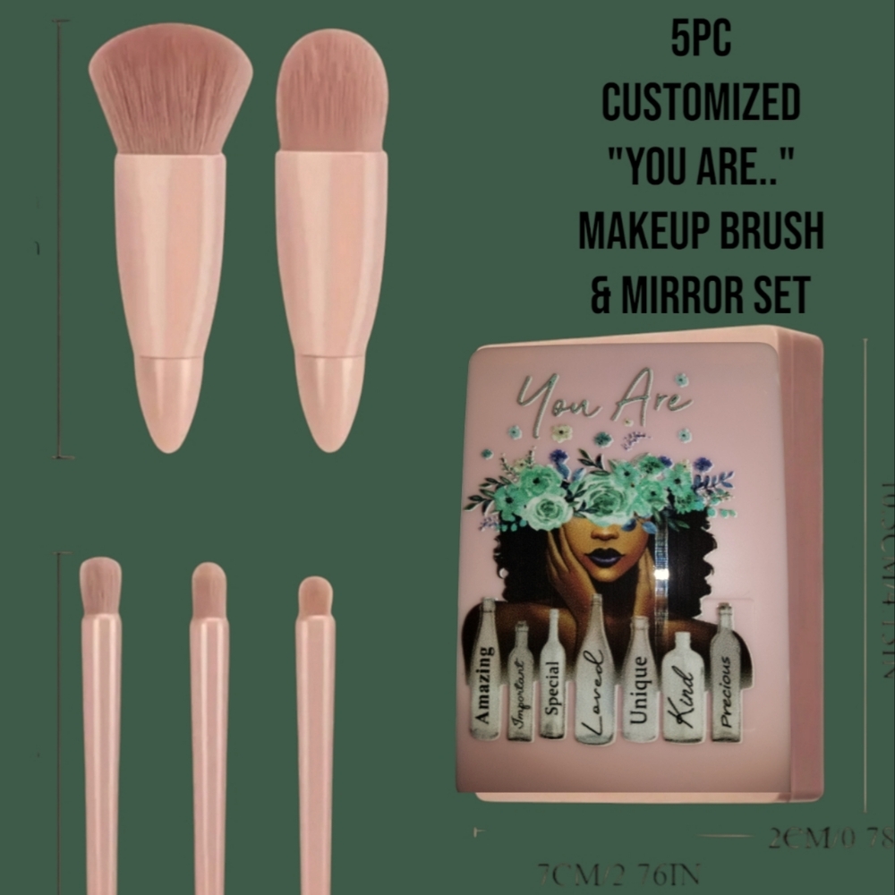 5 Pc Customized "You Are.." Mini Travel Makeup Brush & Mirror Set - New